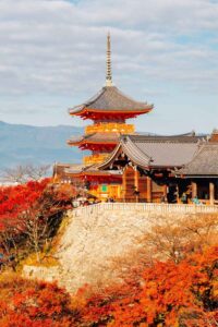 Kiyomizu-dera temple with autumn maple tree in Kyoto, Japan