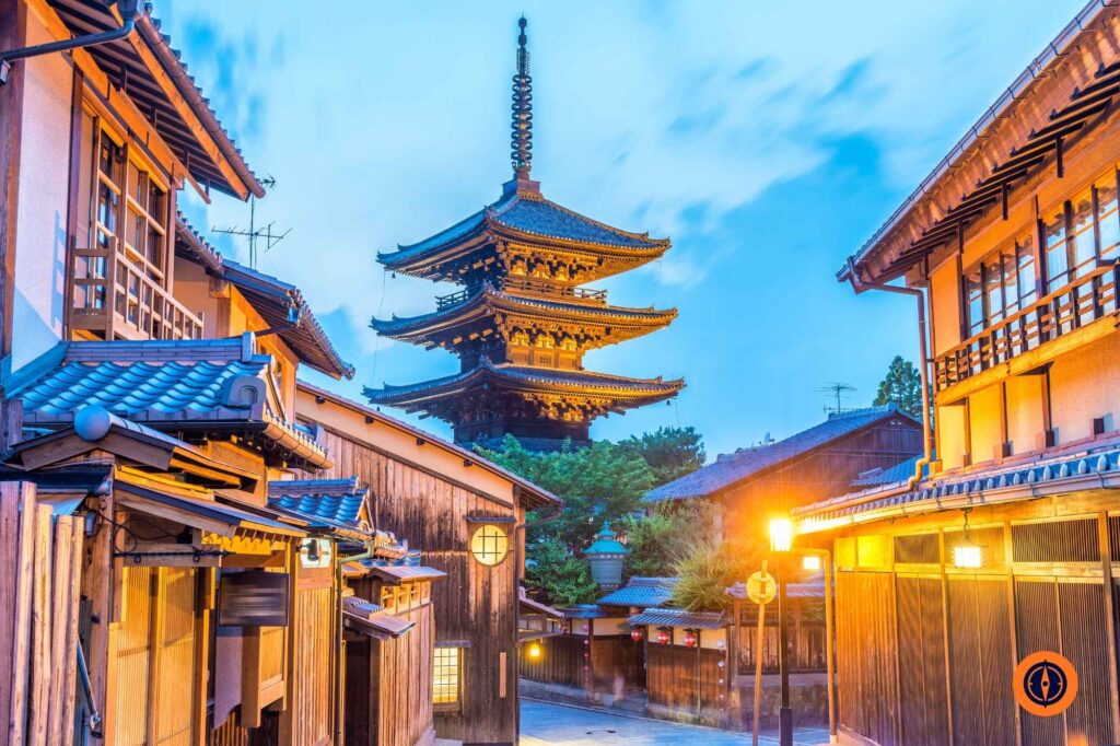 Yasaka Pagoda and City Street at Sunset, Kyoto, Japan