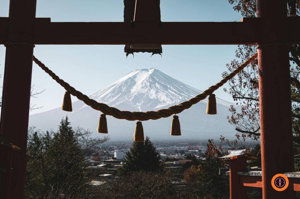 Majestic View of Mount Fuji Through Torii Gate