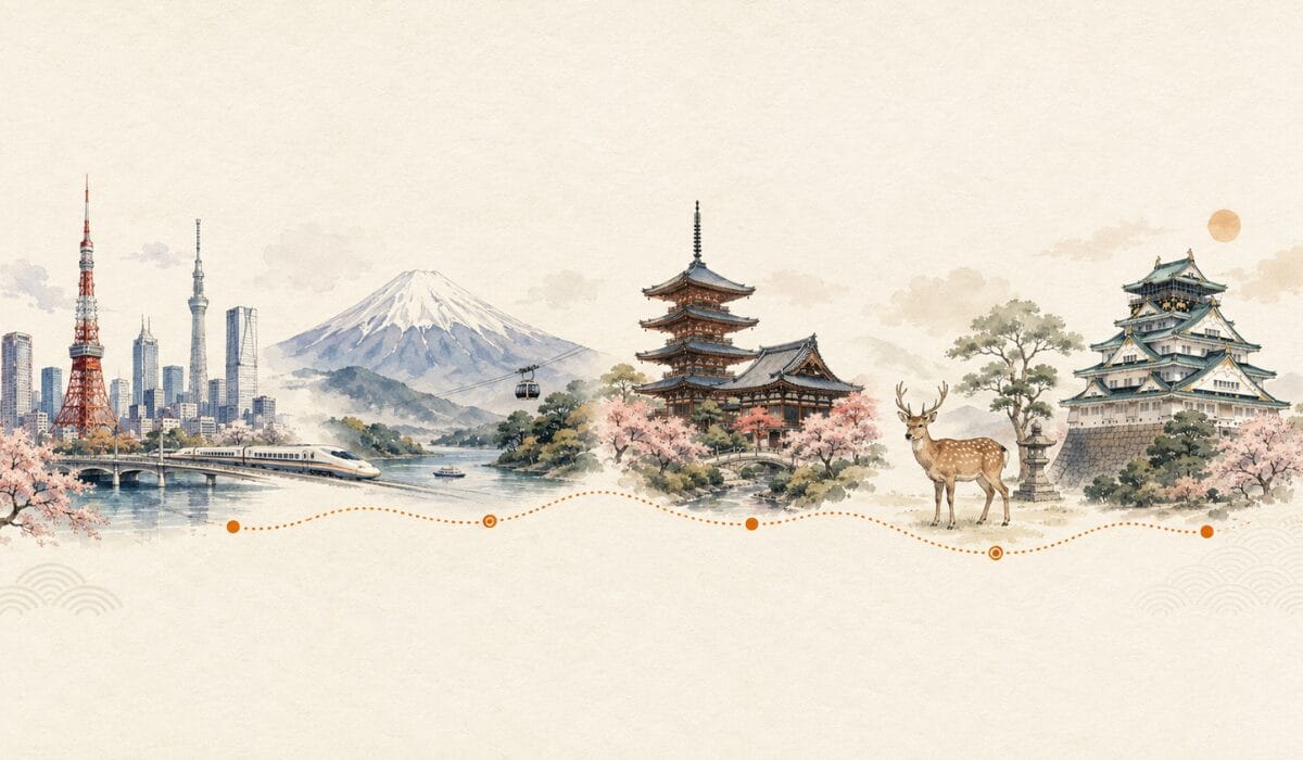 Illustrated 8-day Japan itinerary through Tokyo, Hakone, Kyoto, Nara and Osaka