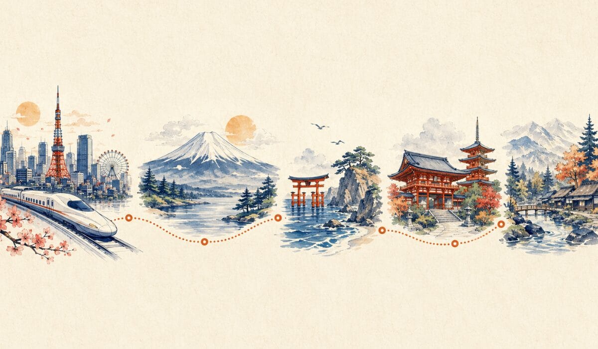 Illustrated 14-day Japan itinerary with major cities, regional stops and slower nature days