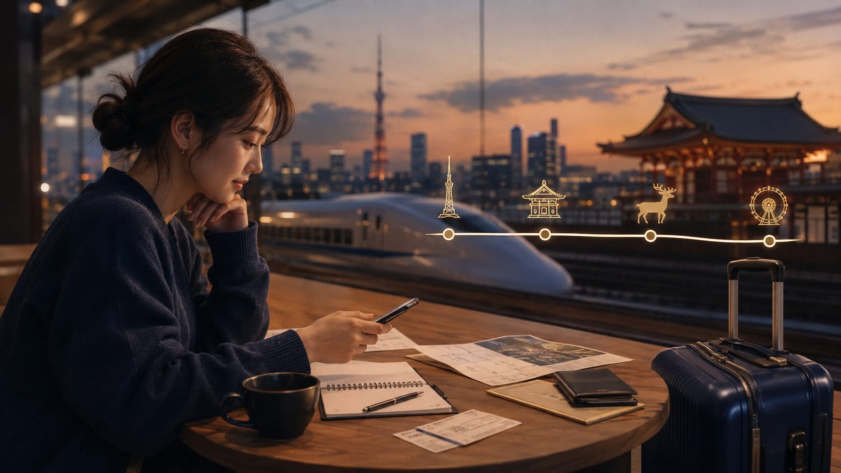 Japan starter route planning with train, luggage, and route flow