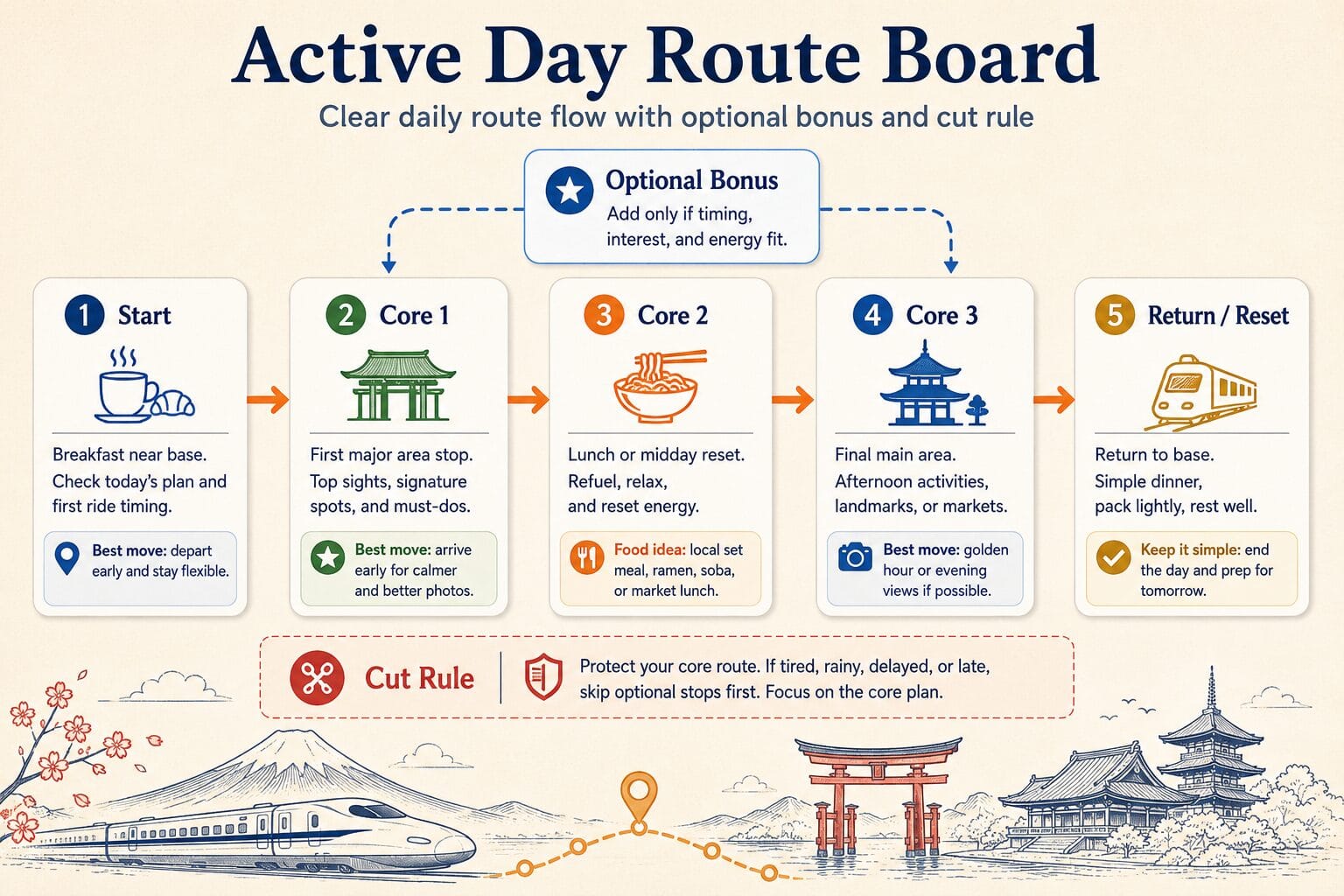 Japan daily route board showing the main sequence, optional branches and cut rule