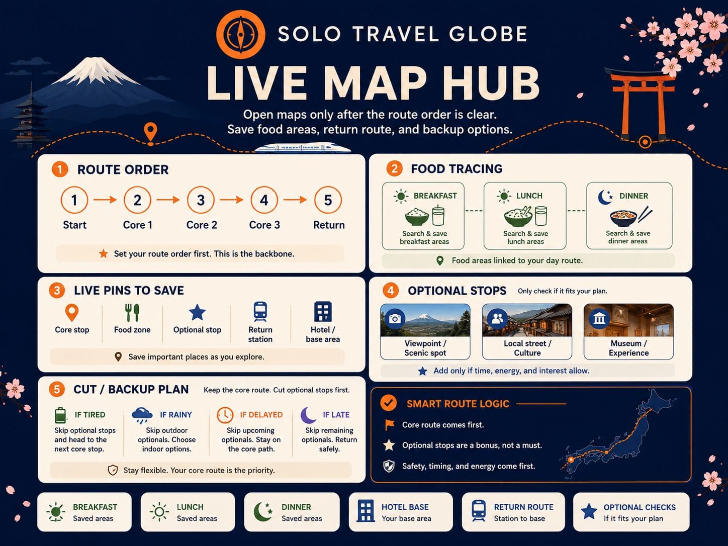 Japan live map hub showing route order, food areas, saved pins, optional stops and backup plans