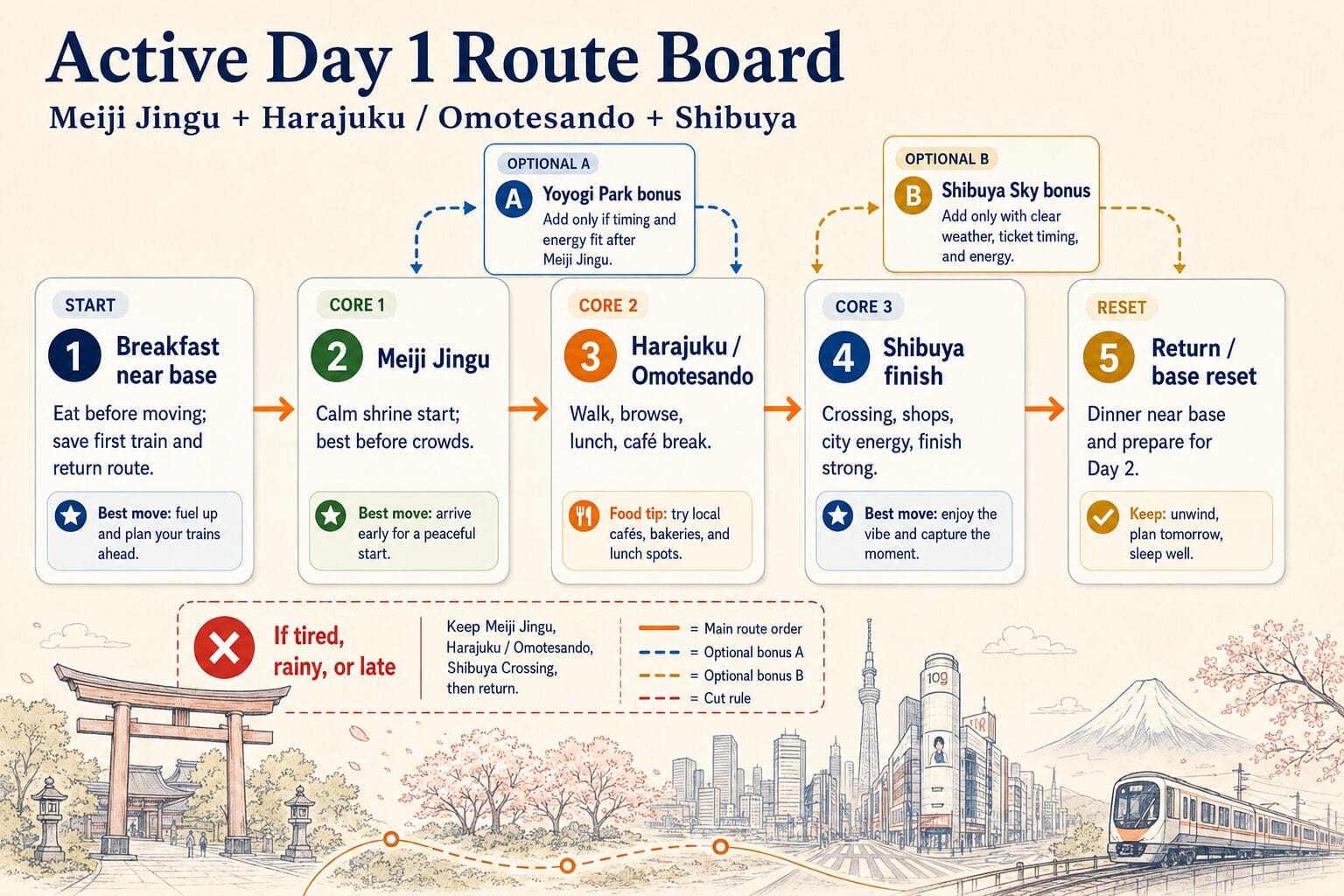 Active Day 1 Japan route board for Meiji Jingu, Harajuku, Omotesando and Shibuya