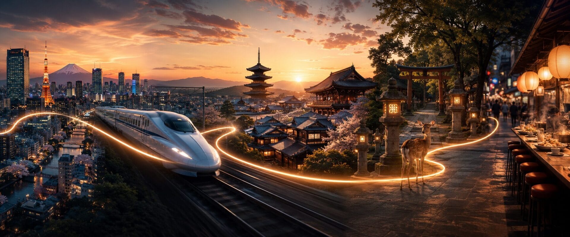 Japan route method with city, train, temple, Nara, and Osaka sequence