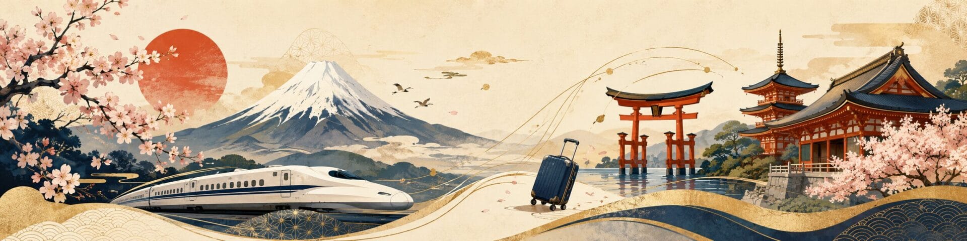 Japan travel route illustration with Mount Fuji, a bullet train, shrine, temple and luggage