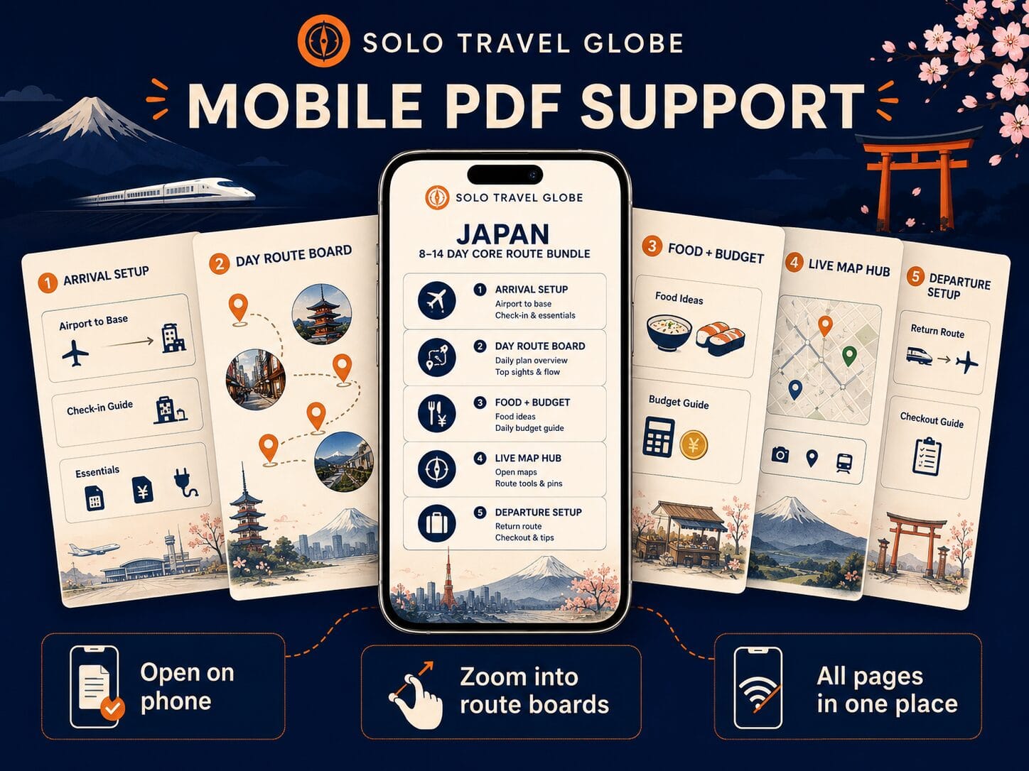 Mobile PDF support showing the Japan route bundle on a phone and route pages